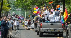 A parade on Bridge Street in Lambertville leading into New Hope, Pennsylvania.