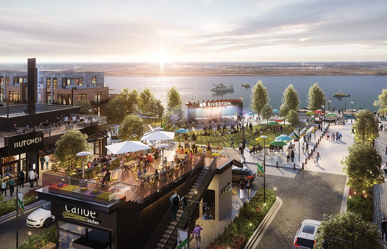 Renderings of the Riverton in Sayreville. The $2.5 billion project is transforming a 400-acre former paint manufacturing site into a planned 6.5-million-square-foot mixed-use development that will stretch along two miles of the Raritan River waterfront. It will include 1.3 million square feet of retail/entertainment space, 2 million square feet of office and other commercial space, as well as 2,000 residential units. A Bass Pro Shops will break ground this fall on a 198,000-square-foot store, marking the Riverton’s first tenant.